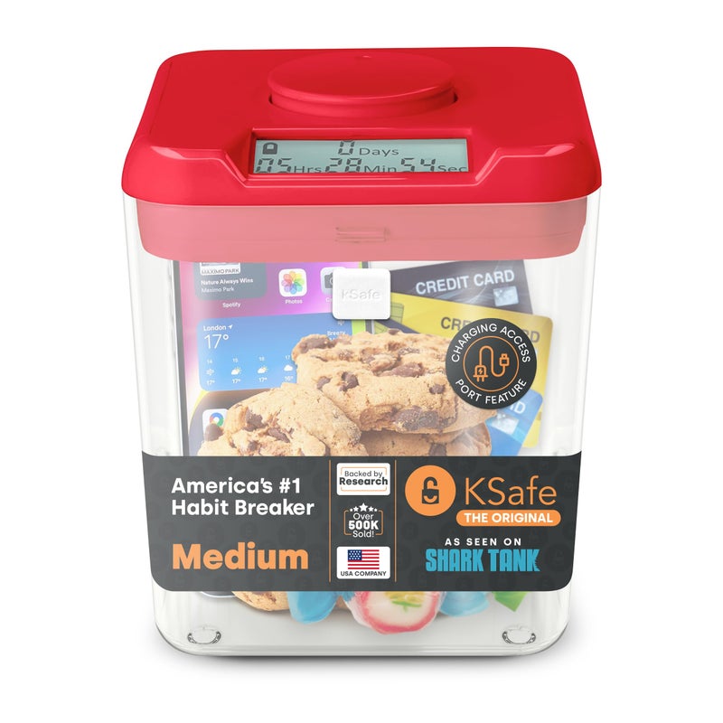Kitchen Safe Time Locking Container (Medium), Timed Lock Box for Cell Phones, Snacks, and other unwanted temptations (Red Lid + 5.5â€ Clear Base with Access Port) - Image 1